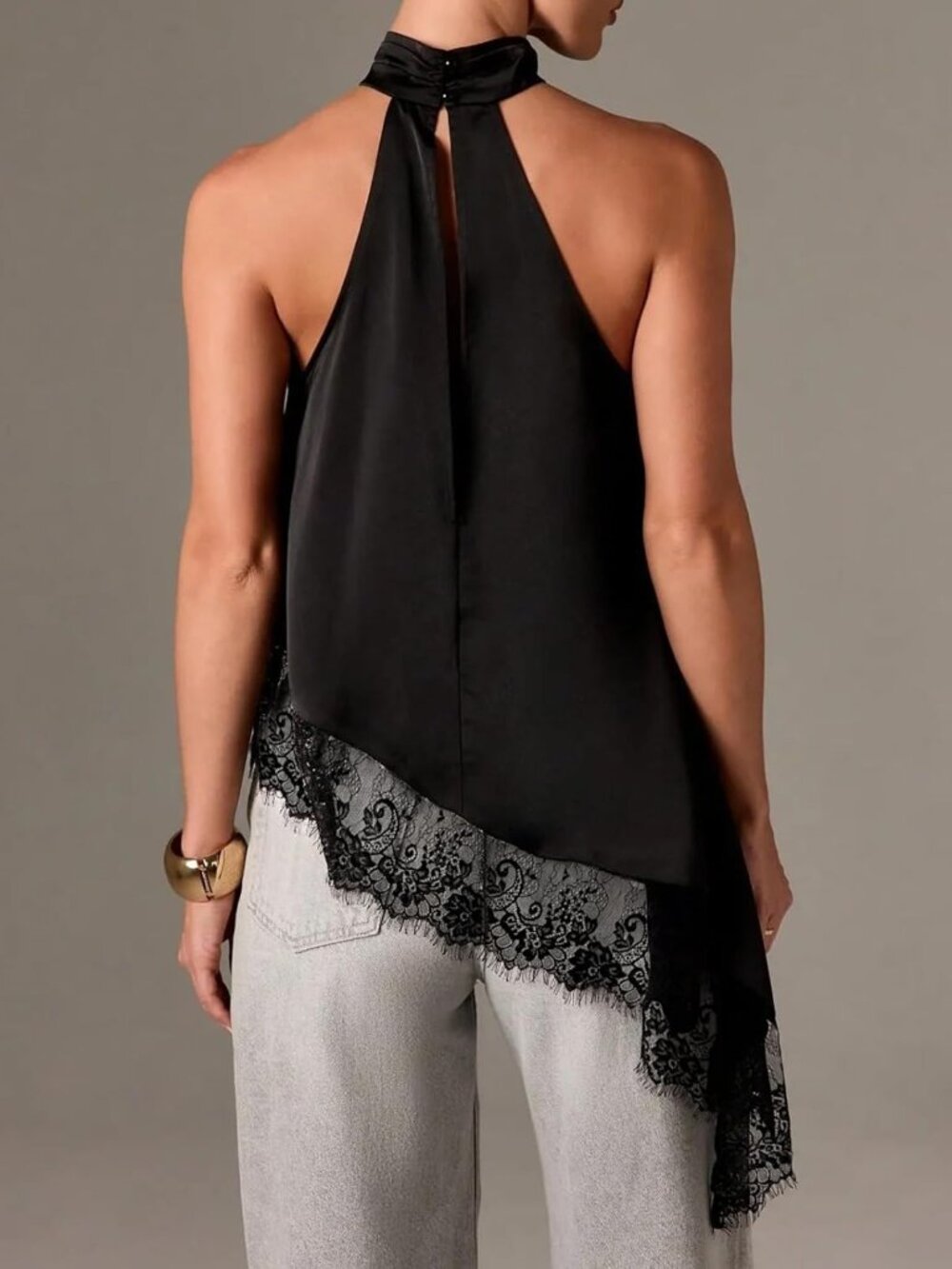 Women Satin Halter Top Y2K Mock Neck Lace Trim Asymmetrical Hem Tank Top Sleevel - Picture 4 of 4